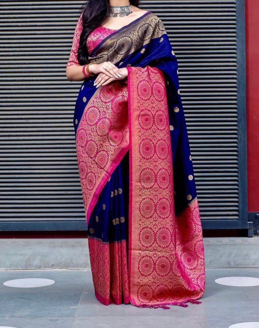 Stunning Blue Color Kanjivaram Silk Weaving Work Saree Blouse For Wedding Wear