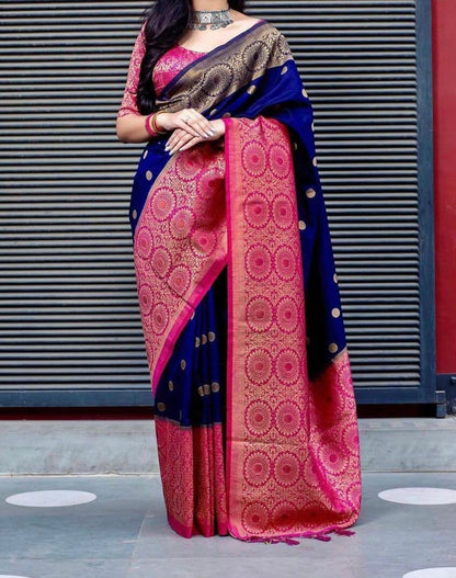Stunning Blue Color Kanjivaram Silk Weaving Work Saree Blouse For Wedding Wear