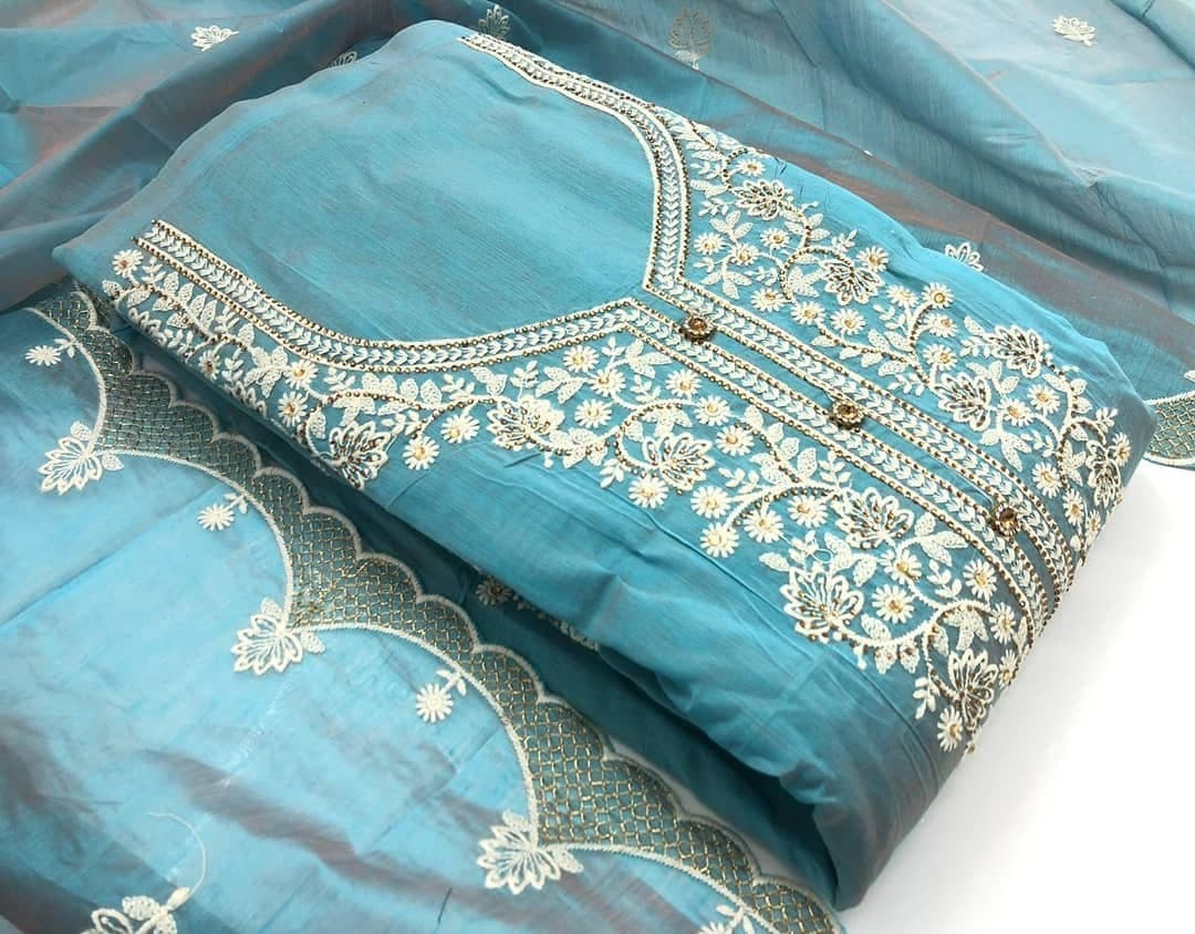 Outstanding Blue Color Chanderi Diamond Work Salwar Suit For Regular Wear