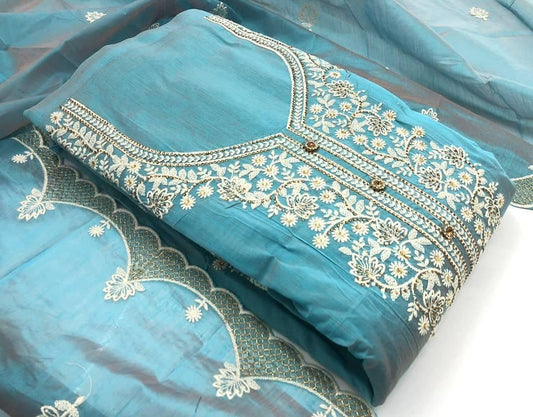Outstanding Blue Color Chanderi Diamond Work Salwar Suit For Regular Wear