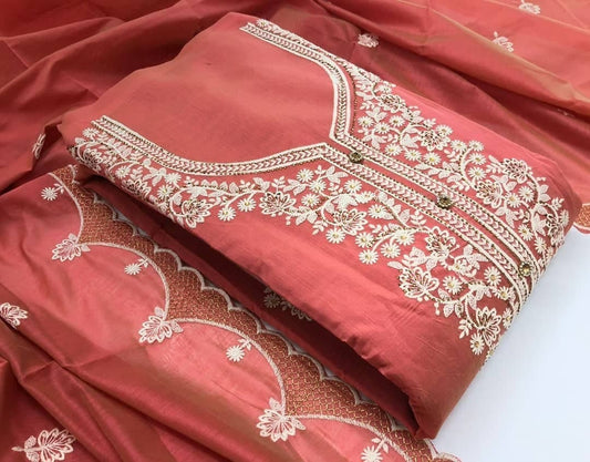 Sizzling Peach Color Chanderi Design Multi Work Salwar Kameez