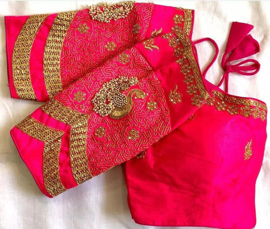 Astonishing Rani Pink Color Phantom Silk Zari Work Ready Made Blouse