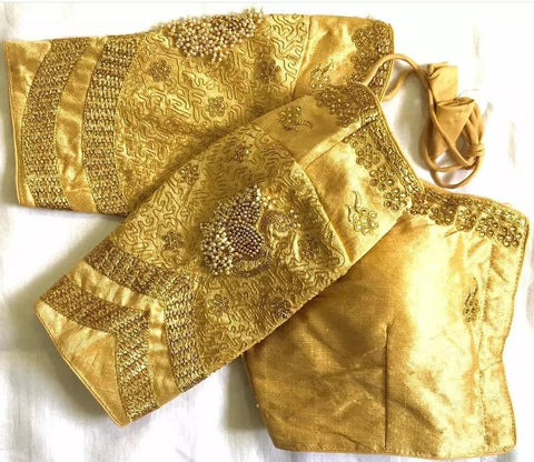 Tremendously Golden Color Party Wear Silk Design Full Stitched Stone Work Blouse