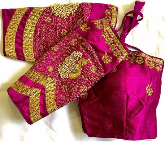 Classic Magenta Color Ready Made Zari Stone Work Silk Blouse For Women