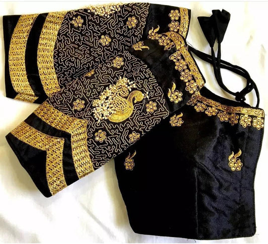 Flattering Black Color Phantom Silk Zari Coding Work Full Stitched Blouse