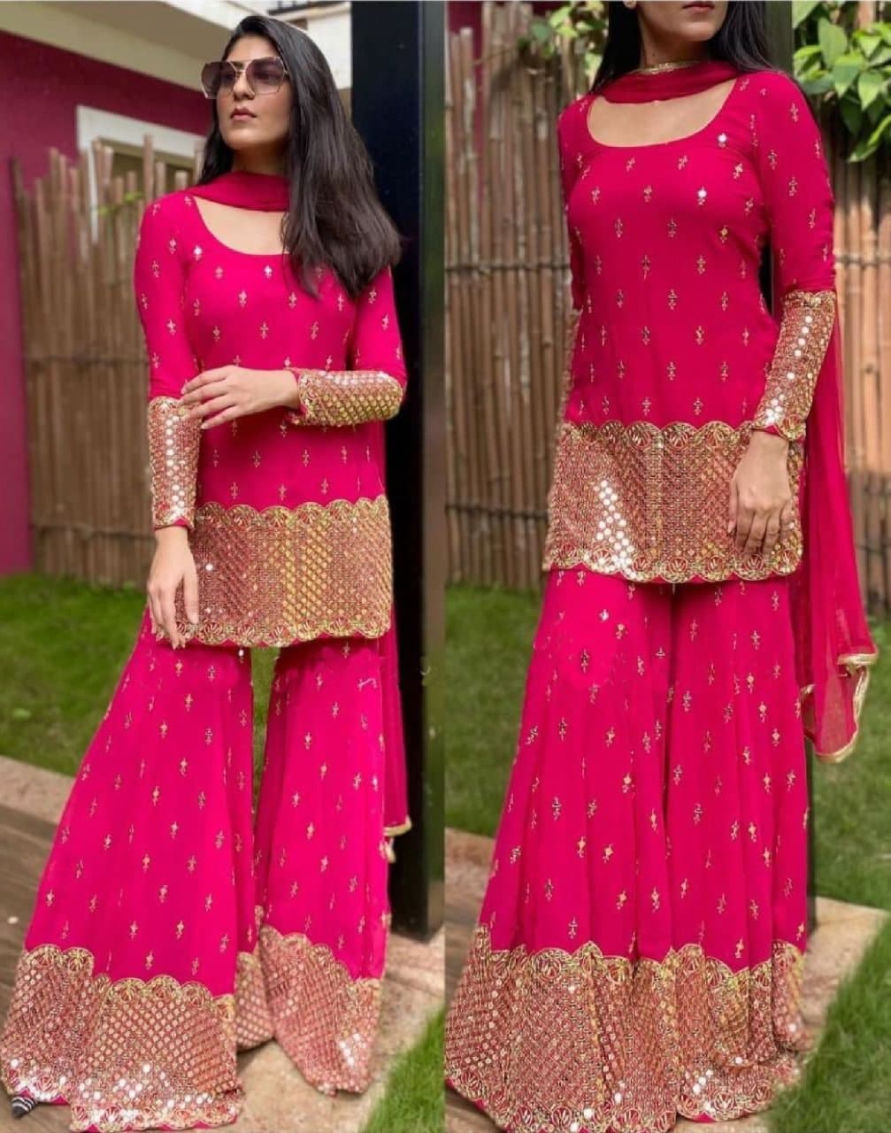 Entrancing Rani Pink Color Georgette Embroidered Work Sharara Suit
