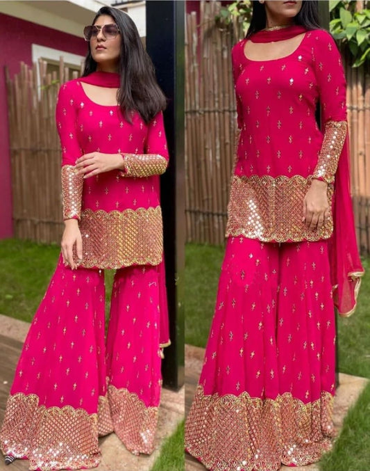 Entrancing Rani Pink Color Georgette Embroidered Work Sharara Suit