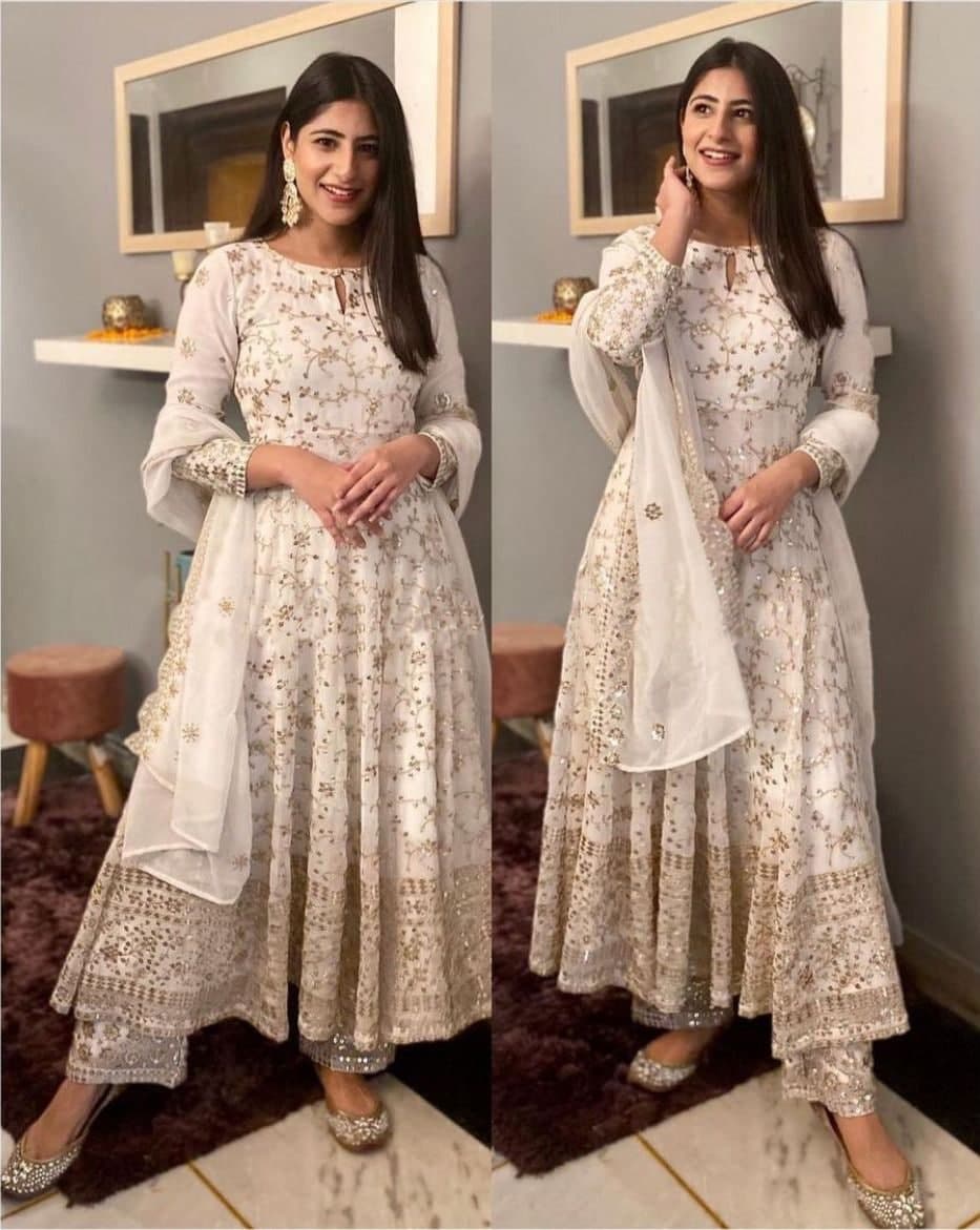 Stylish Off White Color Sequence Work Georgette Plazo Salwar Suit