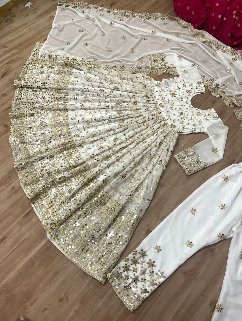 Stylish Off White Color Sequence Work Georgette Plazo Salwar Suit