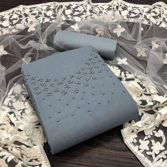 Stupendous Grey Color Cotton Hand Work Designer Salwar Suit For Women