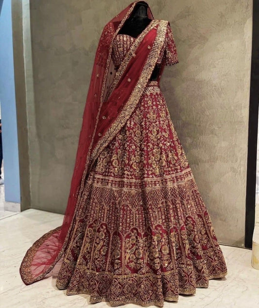 Maroon Color Velvet Embroidered Work Lehenga Choli For Bridal Wear