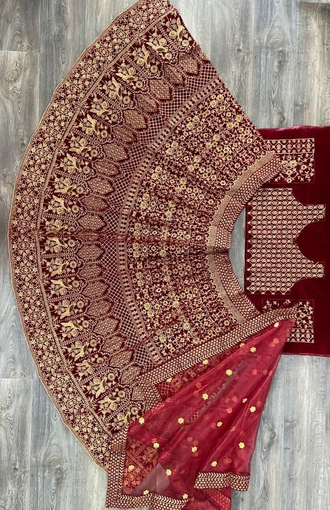 Maroon Color Velvet Embroidered Work Lehenga Choli For Bridal Wear
