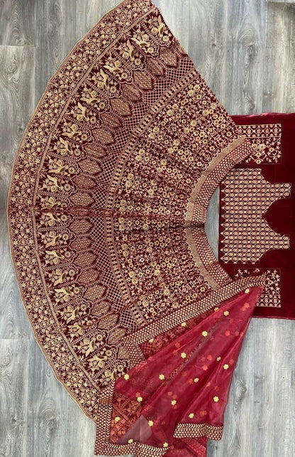 Maroon Color Velvet Embroidered Work Lehenga Choli For Bridal Wear