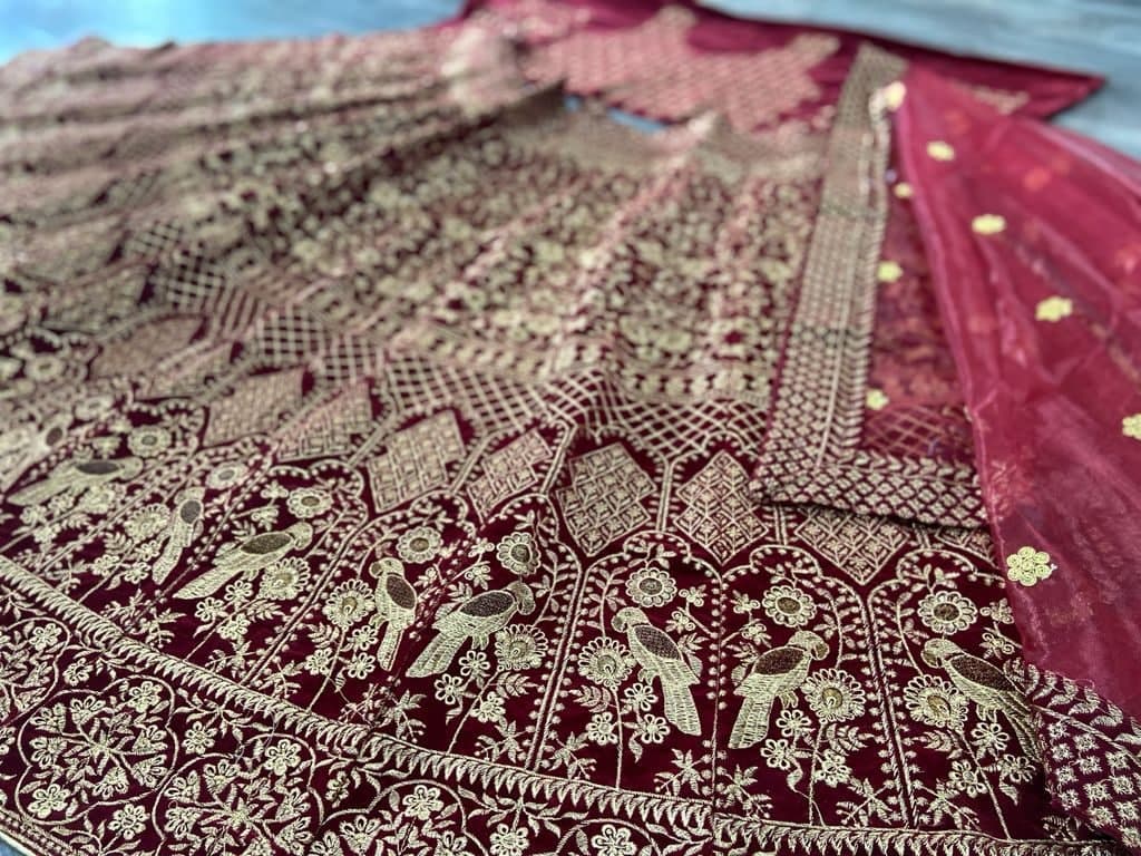 Maroon Color Velvet Embroidered Work Lehenga Choli For Bridal Wear