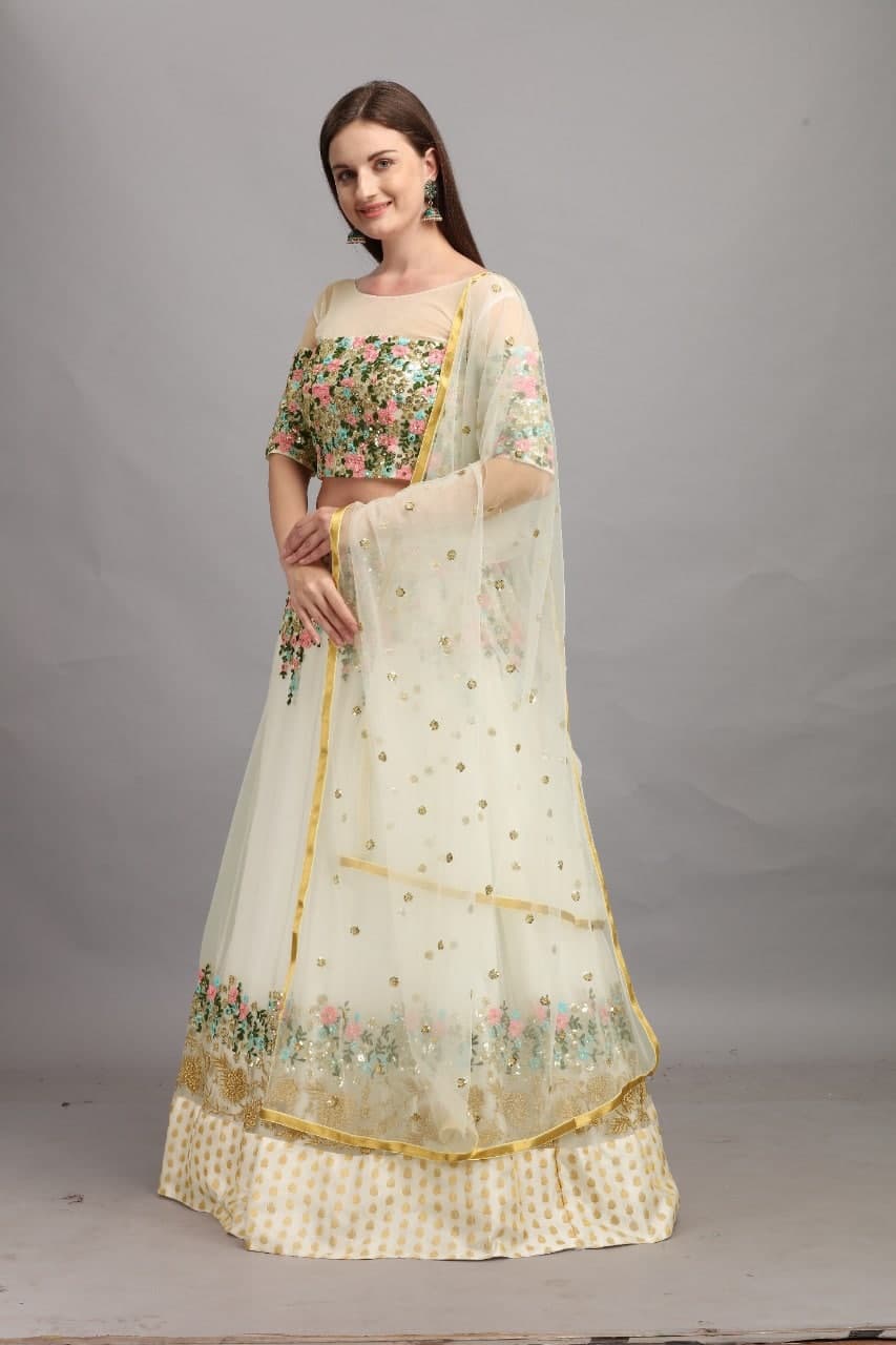 Sizzling Off White Color Net Embroidered Work Lehenga Choli For Fesive Wear