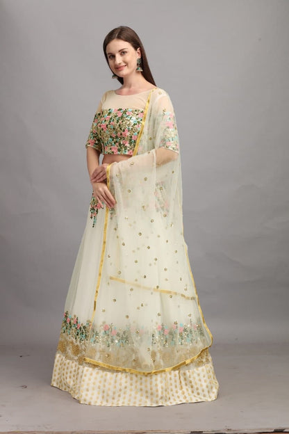 Sizzling Off White Color Net Embroidered Work Lehenga Choli For Fesive Wear