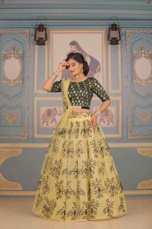 Admiring Brown Color Wedding Wear Net Embroidered Work Lehenga Choli