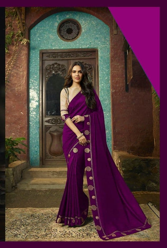 Stupendous Wine Color Vichitra Silk Embroidered Work Festive Wear Saree Blouse
