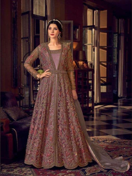 Wonderful Violet Color Net Emmbroidered Work Wedding Wear Indo Western Suit
