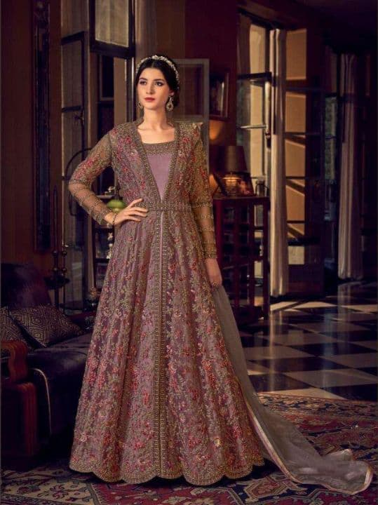 Wonderful Violet Color Net Emmbroidered Work Wedding Wear Indo Western Suit