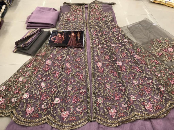 Wonderful Violet Color Net Emmbroidered Work Wedding Wear Indo Western Suit