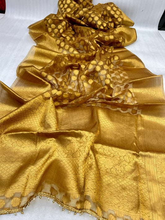 Sensational Golden Color Occasion Wear Organza Zari Work Saree Blouse