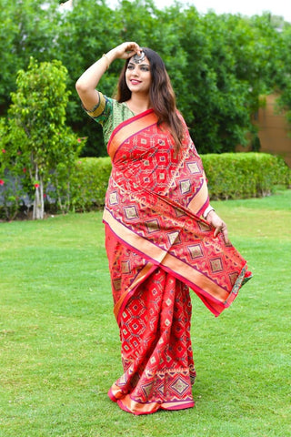 Attractive Red Color Wedding Wear Patola Silk Zari Work Saree Blouse