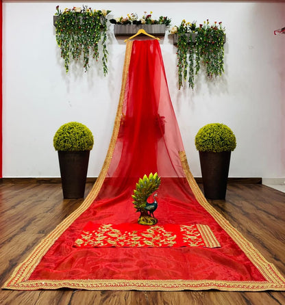 Adorable Red Color Organza Silk Festival Wear Sequence Work Saree Blouse