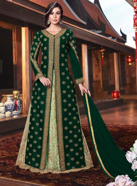Engrossing Green Color Tussar Silk Embroidered Work Salwar Suit For Function Wear