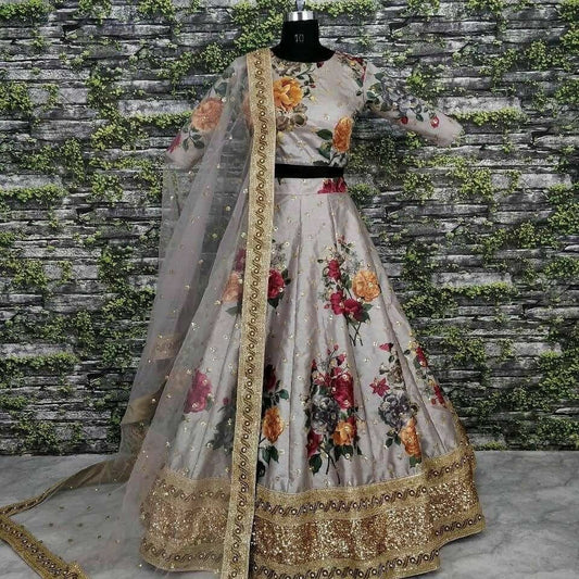 Mesmeric Grey Color Satin Printed Embroidered Work Lehenga Choli