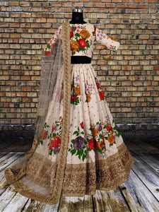 Thrilling Off White Color Satin Silk Embroidered Printed Work Lehenga Choli For Women