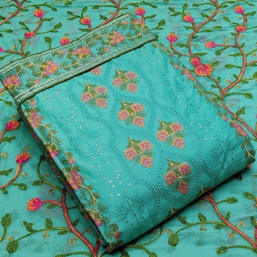 Astonishing Blue Color Chanderi Kashmiri Work Running Wear Salwar Suit