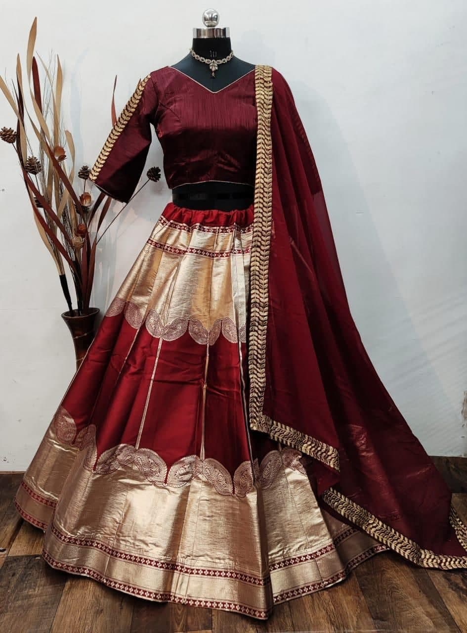 Magnetic Maroon Color Banarasi Brocade Work Lehenga Choli For Function Wear