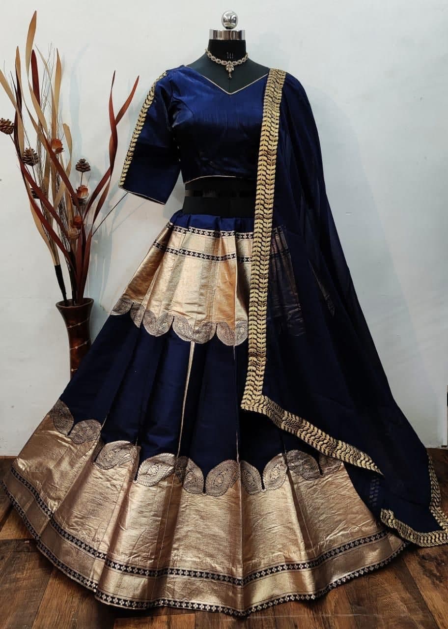 Desirable Navy Blue Color Brocade Work Banarasi Lehenga Choli For Party Wear