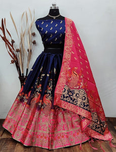 Adorable Navy Blue Color Brocade Design Silk Banarasi Lehenga Choli For Women