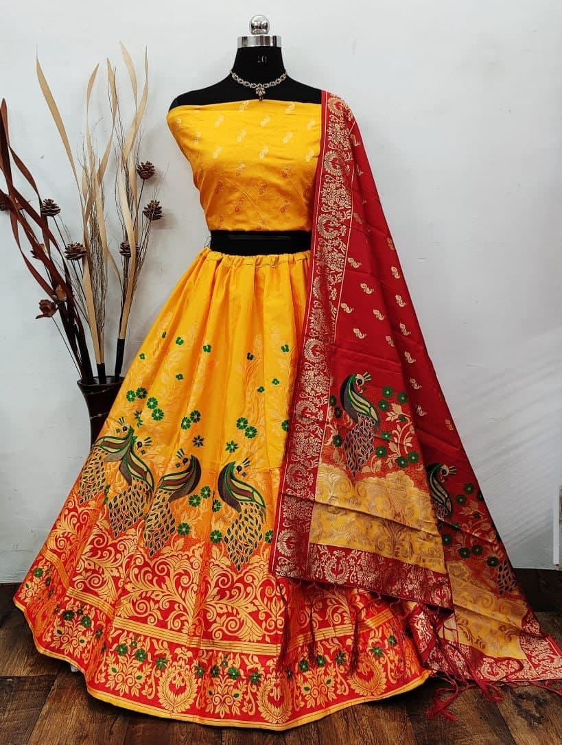 Groovy Yellow Color Function Wear Banarasi Silk Brocade Work Lehenga Choli