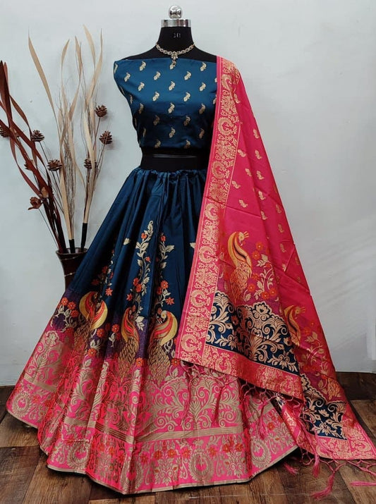 Blooming Rama Blue Color Occasion Wear Banarasi Silk Brocade Lehenga Choli