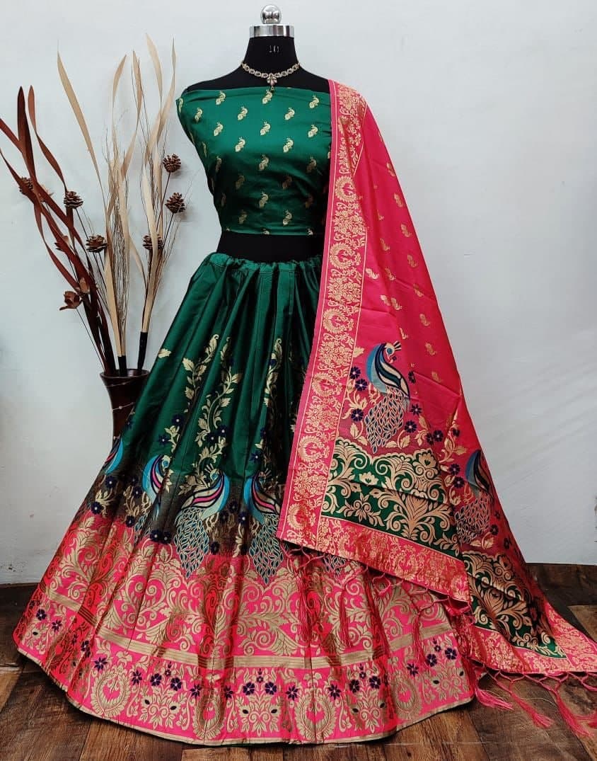 Striking Green Color Brocade Work Silk Banarasi Designer Lehenga Choli