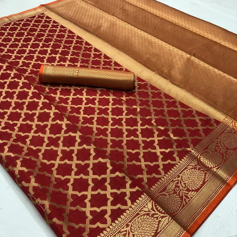 Attractive Maroon Color Festive Wear Banarasi Silk Weaving Work Saree Blouse
