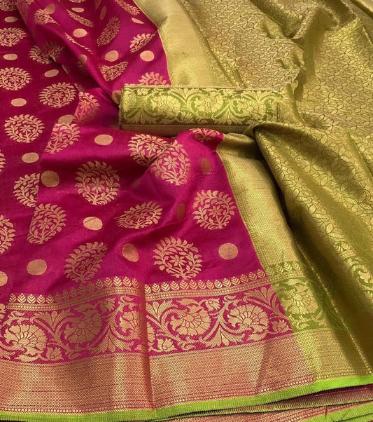 Dismaying Rani Pink Color Golden Zari Weaving Banarasi Silk Saree Blouse