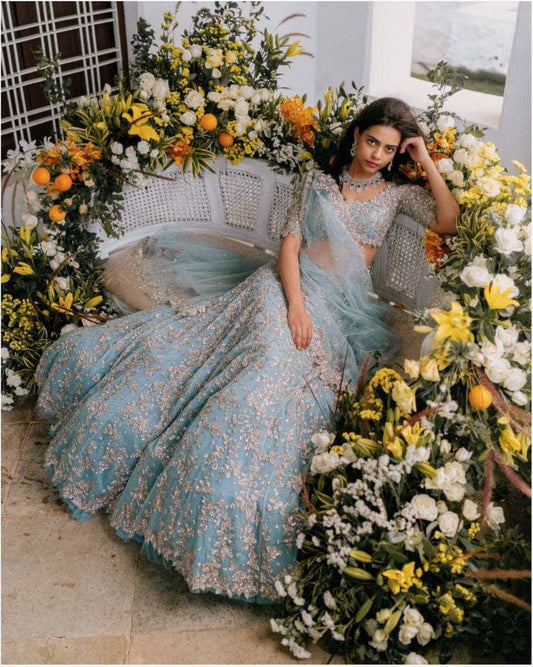 Extraordinary Blue Color Party Wear Georgette Embroidered Work Lehenga Choli