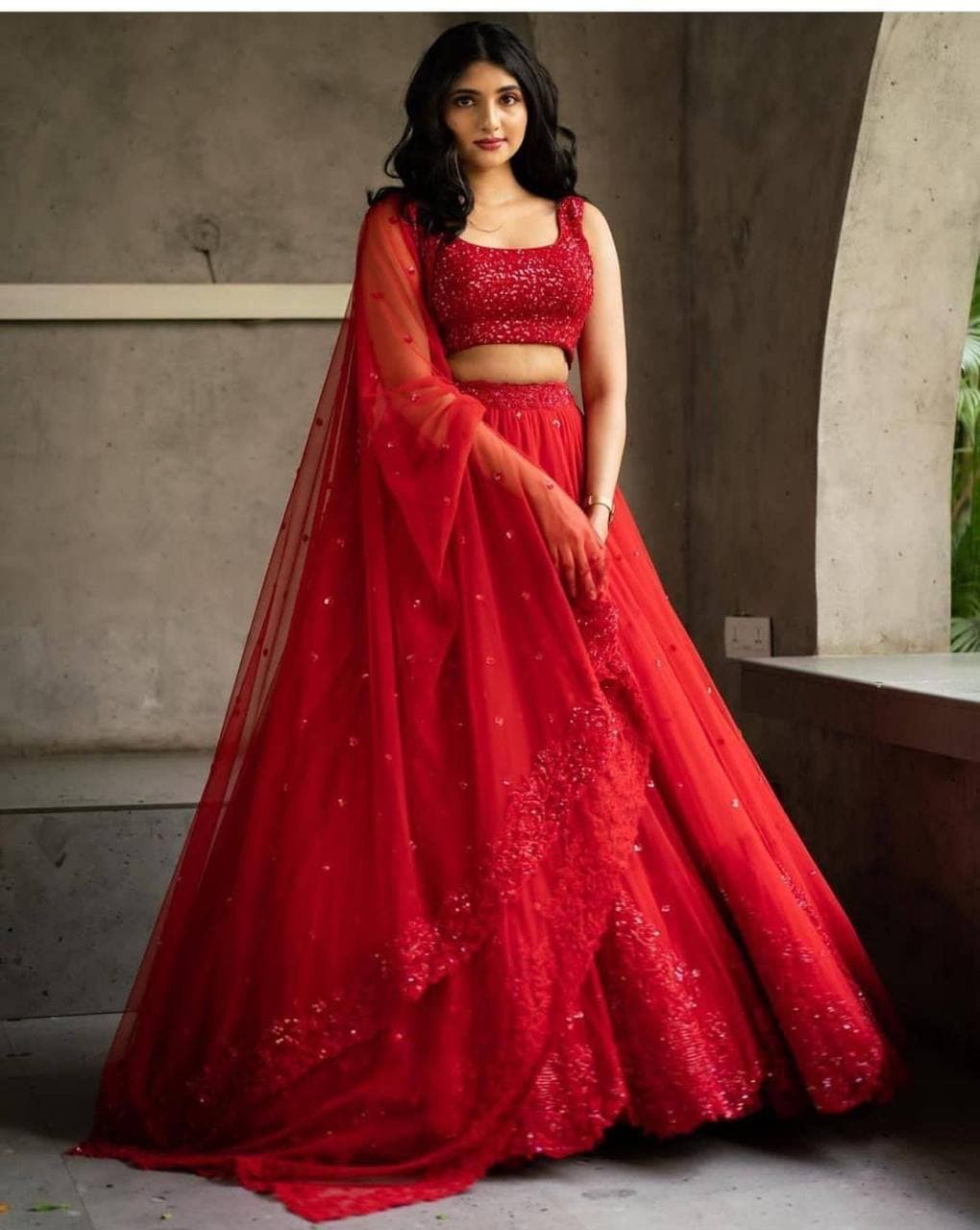 Enamoring Red Color Wedding Wear Georgette Sequence Work Lehenga Choli