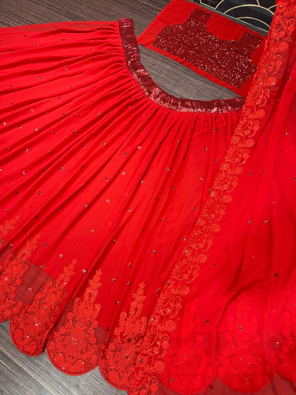 Enamoring Red Color Wedding Wear Georgette Sequence Work Lehenga Choli