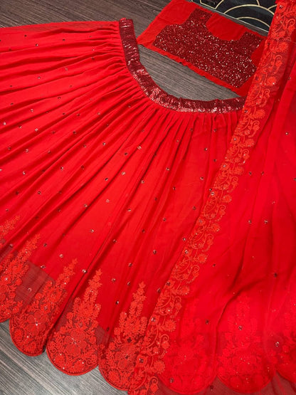 Enamoring Red Color Wedding Wear Georgette Sequence Work Lehenga Choli