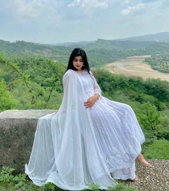 Stylish White Color Festive Wear Georgette Chine Stitched Work Plazo Suit