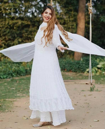Stylish White Color Festive Wear Georgette Chine Stitched Work Plazo Suit