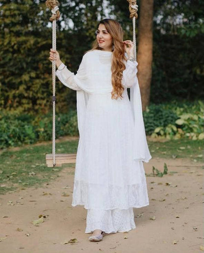 Stylish White Color Festive Wear Georgette Chine Stitched Work Plazo Suit