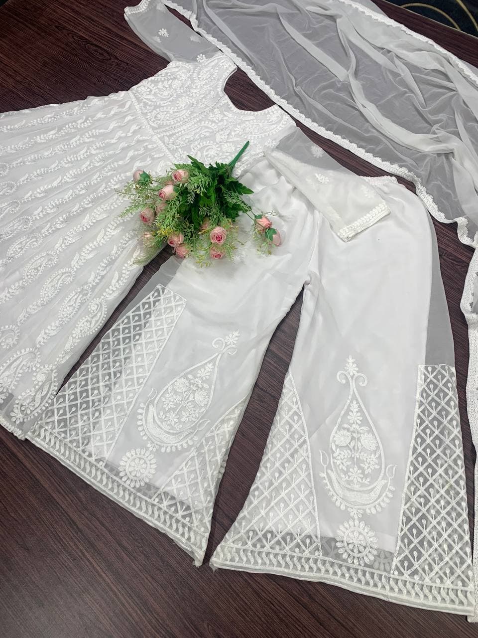 Stylish White Color Festive Wear Georgette Chine Stitched Work Plazo Suit