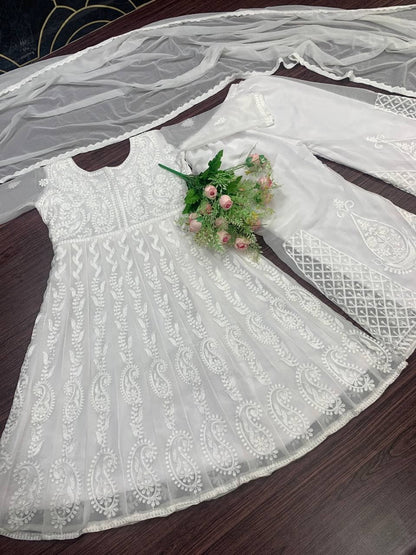 Stylish White Color Festive Wear Georgette Chine Stitched Work Plazo Suit
