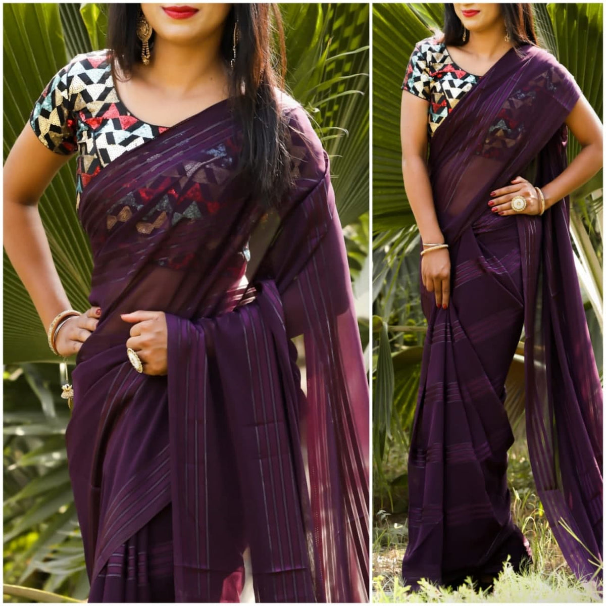 Admiring Wine Color Georgette Zari Work Party Wear Saree Blouse